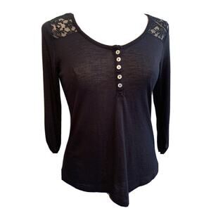Medium Neon Soul Black Boho 3/4 Sleeve Lace Detail Blouse Junior Women's